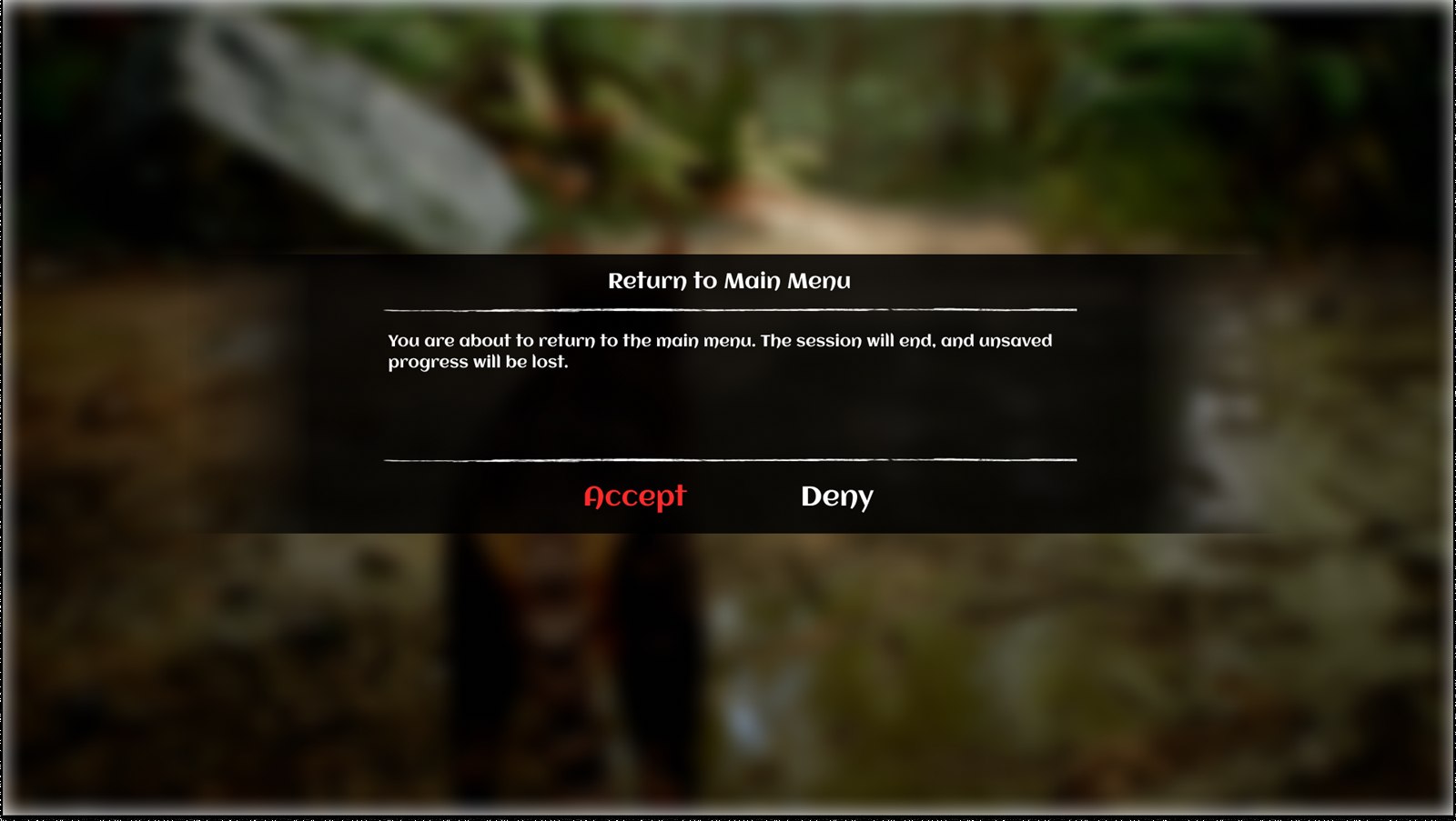 Return to Main Menu confirmation dialog with Accept and Deny options over a blurred in-game scene